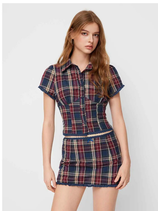 Chic Cider Cotton Plaid Collar Blouse with Lace Trim Bowknot Mini Skirt Set for Spring Fashion